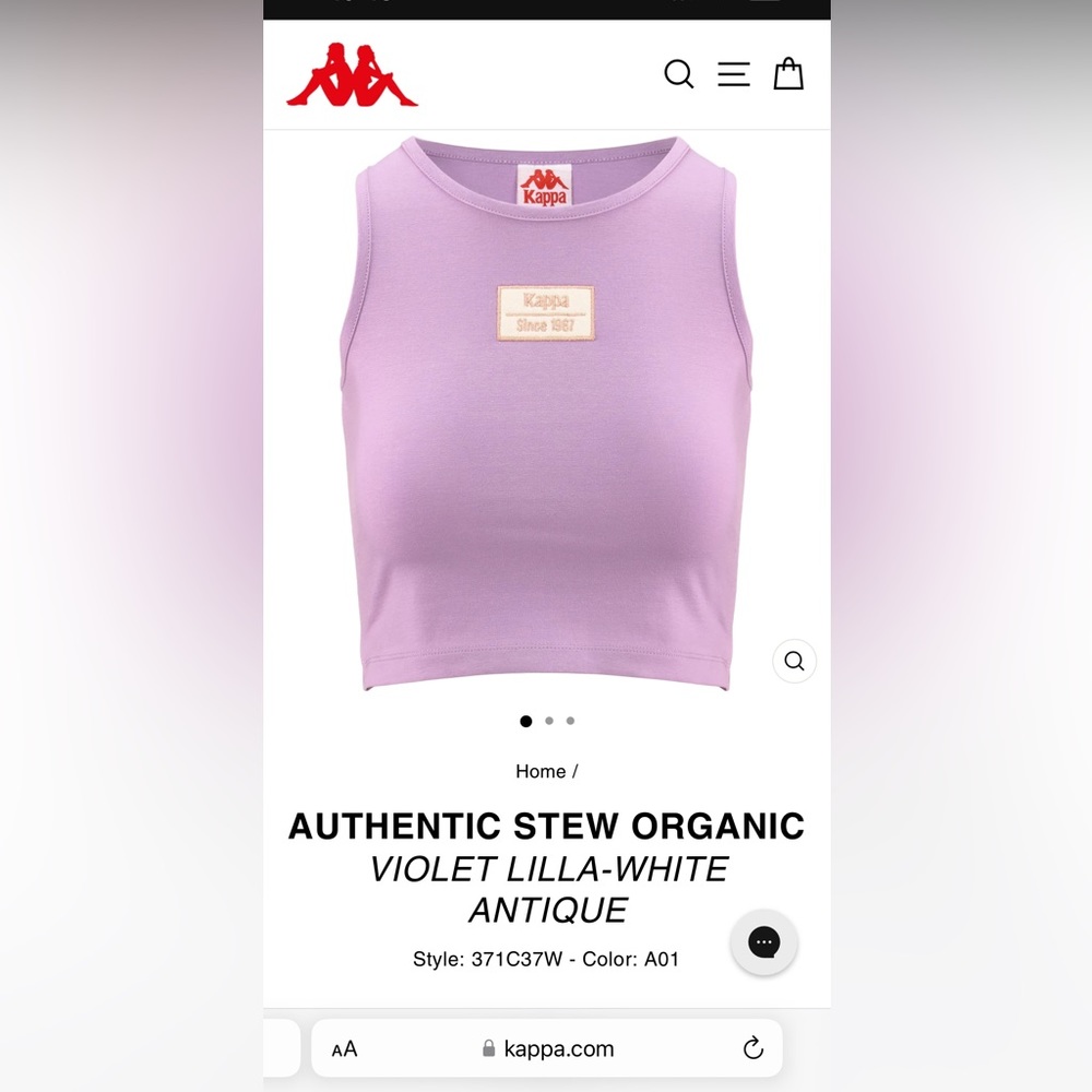 Kappa- Violet colored Cropped tank top. Fitted. 95% organic cotton. 5% spandex.